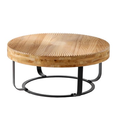 LIVAREEmlen Modern Round Coffee Table,Wooden Carving Pattern Coffee Table with Metal Legs for Living Room Reception Room Office ,Black
