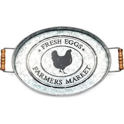 Farmlyn Creek Oval Galvanized Metal Farm Chicken Decorative Serving Tray, Farmhouse Home Decor (15.5 x 9.4 x 1.4 in)