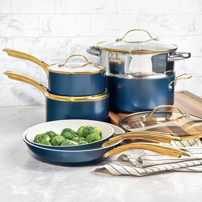 Navy and Gold 15-Piece Nonstick Stainless Steel Cookware Set