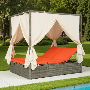 Outdoor Patio Rattan Canopy Daybed Sunbed with Curtain and Adjustable Seat - 1 of 4