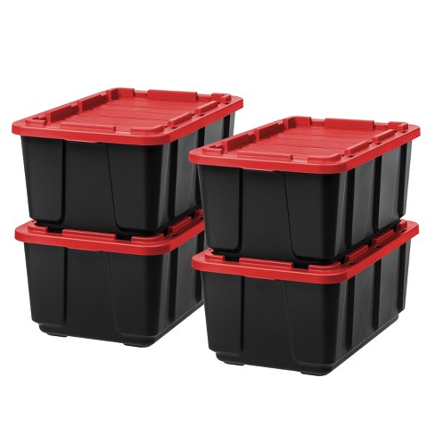 IRIS USA 27Gal/108Qt 4 Pack Large Heavy-Duty Storage Plastic Bin Tote for  Garage with Durable Lid, Black/Red