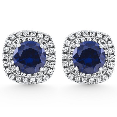 Pompeii3 2.65Ct Cushion Halo Blue Sapphire Diamond Studs 14k White Gold Earring Lab Created
