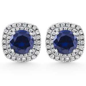 Pompeii3 2.65Ct Cushion Halo Blue Sapphire Diamond Studs 14k White Gold Earring Lab Created - 1 of 4