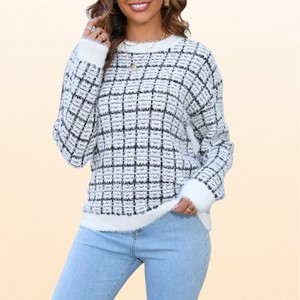 EadianDree Womens Plaid Sweater Fuzzy Casual Crewneck Drop