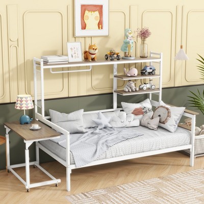 ALEXOUN Metal Bed with Movable Desk,Metal Day Bed Frame with Metal Grid & Clothes Hanger,Space Saving,No Box Spring Needed