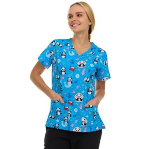 Medichic Scrubs Printed V-Neck Scrub Top - Four Pocket Fashion Scrub Top for Women, Panda Underwater, Medium - 1 of 4