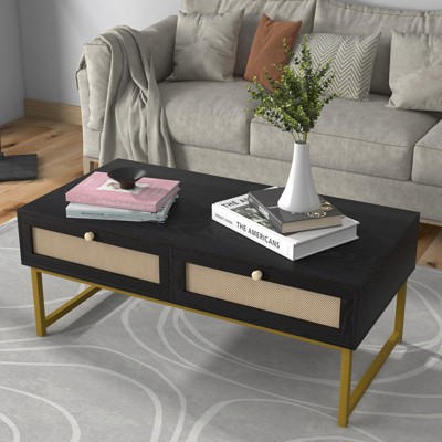 Rattan Coffee Table with 2 Drawers, 46 Inch Mid Century Modern Center Table with Metal Frame