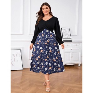 Womens Plus Size Summer Short Sleeve Boho Print Flared Long Dress - 1 of 4