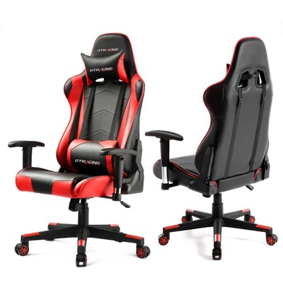 Red and Black PU Leather Gaming Office Chair with Adjustable Headrest and Lumbar Pillow