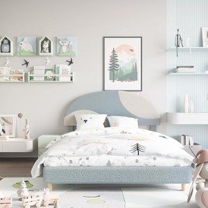 Bed Frame with Round Boucle Headboard - Soft Blue & White Upholstered Arch Design, Kids Wooden Slats Bed,Easy Assembly - 1 of 4