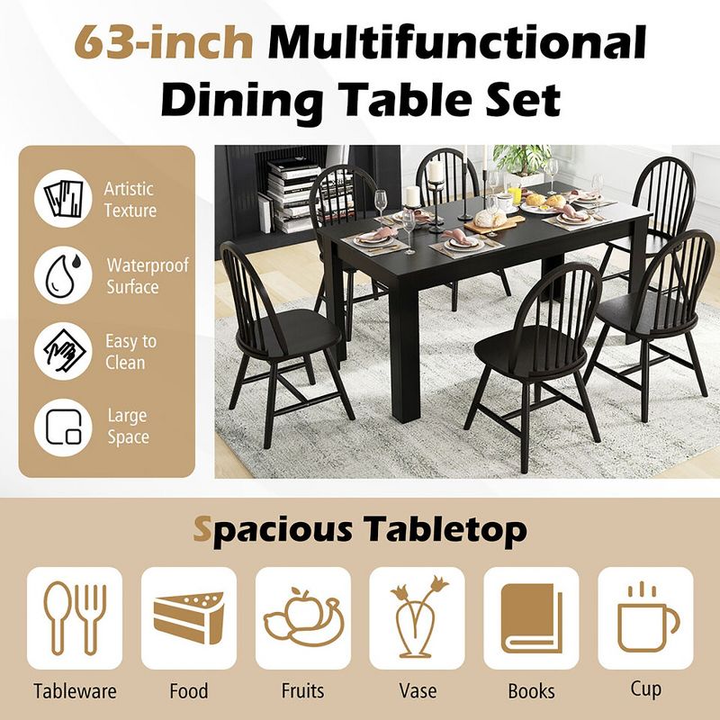 Tangkula 7 PCS Dining Set Rectangular Wooden Dining Table 6 Windsor Chairs Kitchen Black, 5 of 9