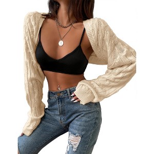 Women's Open Front Knit Cropped Cardigan Loose Fit Long Sleeve Drop Shoulder Casual Bolero Shrugs - 1 of 4