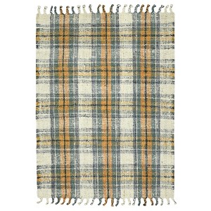 Orange Green And Ivory Jute Plaid Hand Woven Area Rug With Fringe - 1 of 4
