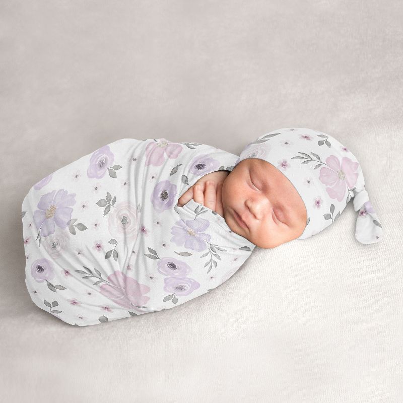 Sweet Jojo Designs Girl Baby Cocoon and Beanie Hat Swaddle Wrap Watercolor Floral Purple Grey and Pink 2pc, 1 of 7