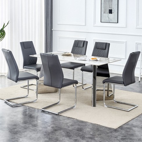 NicBex Dining Table Set Dining Room Table Set Pandora patterned Sintered Stone Tabletop with Silver Stainless Steel Legs with 4 PU Chairs - image 1 of 4