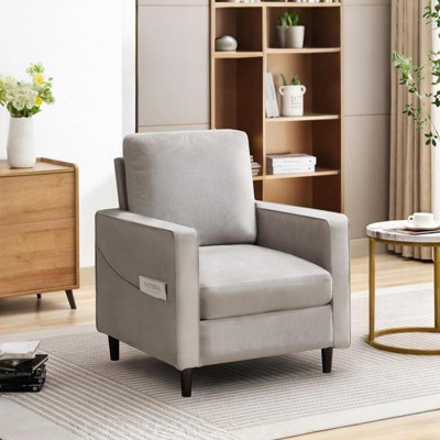 Aukfa Mid-Century Modern Linen Armchair w/ Double Side Pockets - Comfortable Padded Reading Accent Chair for Living Room, Bedroom & Office