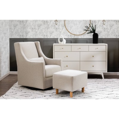Beige Eco-Weave Upholstered Swivel Glider with Ottoman