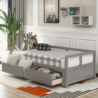 NicBex Wooden Twin Daybed with Trundle Bed and 2 Drawers,Extendable Bed Daybed for Bedroom,Living Room,Apartment
