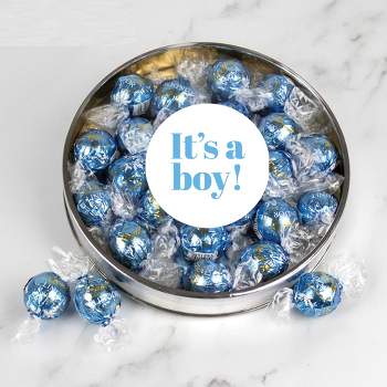 It's a Boy Baby Shower Candy Gift Tin with Chocolate Lindor Truffles by Lindt Large Plastic Tin with Sticker - Stracciatella - By Just Candy