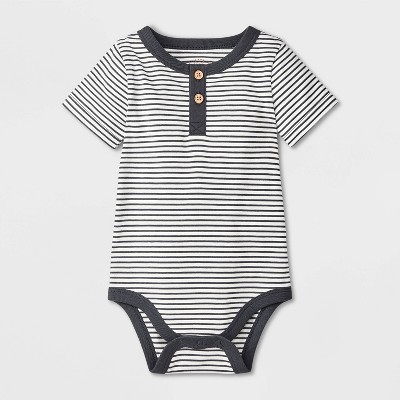 Baby Boys' Henley Bodysuit - Cat & Jack™ Black/Gray 3-6M: Cotton Blend, Recycled Polyester, Spandex, Short Sleeve, Front Button Down