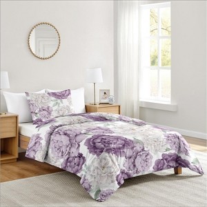 Sweet Jojo Designs Girl Twin Comforter Bedding Set Peony Floral Garden Purple Ivory and Green 2pc - 1 of 4