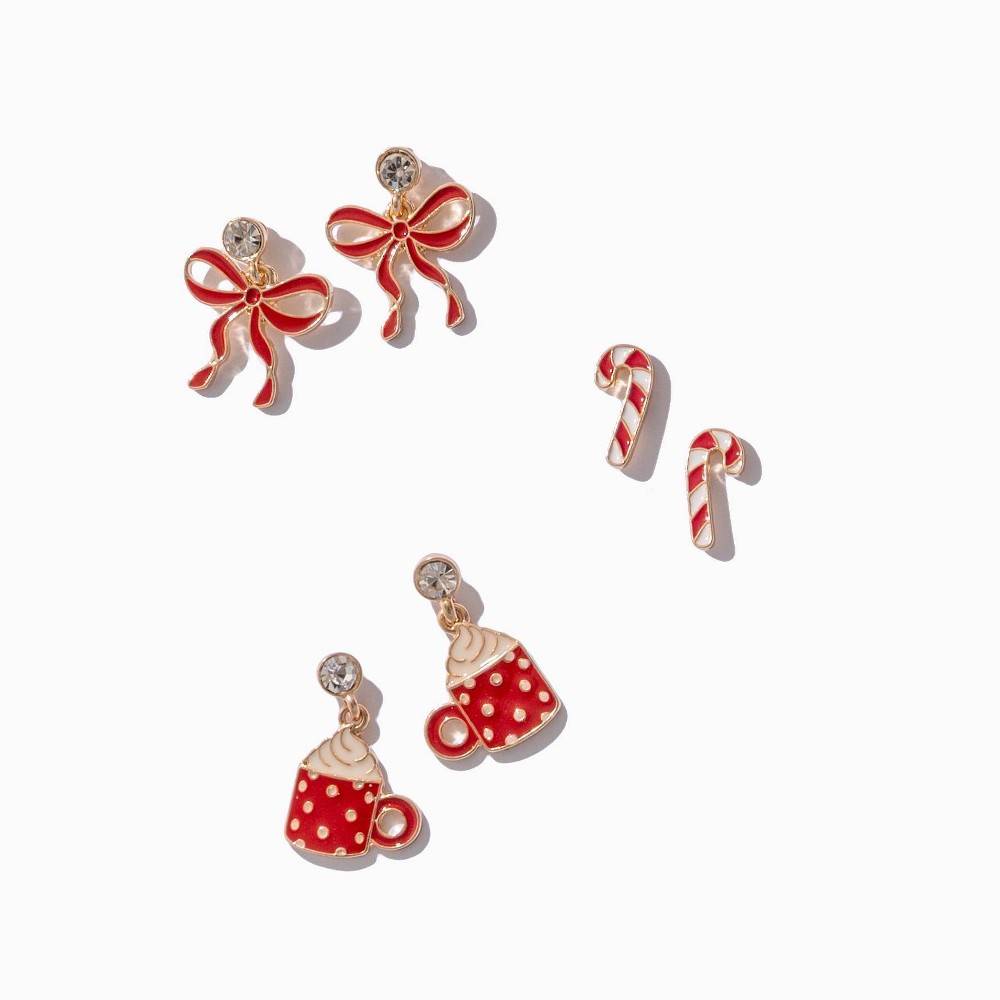 Frasier Sterling Holiday Candy Cane Earring Set 3pc - Red/White