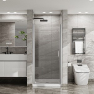 MAYEERTY 34"x72" Pivot Shower Door, 1/4 inch Thick Tempered Glass Swing Shower Door in Chrome Finish, Semi-Frameless Design - 1 of 4