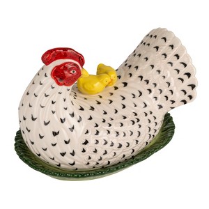Storied Home Hand-Painted Stoneware Vintage Reproduction Hen Shaped Butter Dish with Chicks, Multicolor - 1 of 4