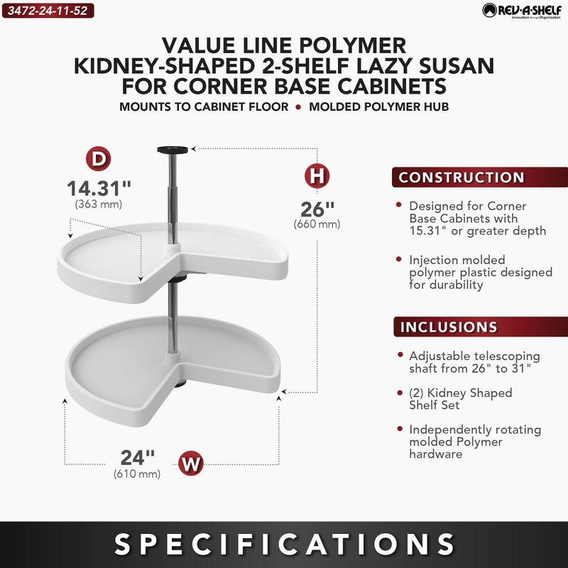 Rev-A-Shelf Polymer Kidney Shaped 2-Shelf Lazy Susan for Kitchen Corner Base Cabinets, 4 of 7