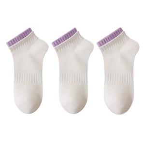 Anna-Kaci Women's 3-Pack Ribbed Ankle Socks with Contrast Color Cuffs Soft Cotton Stretch Design - 1 of 4
