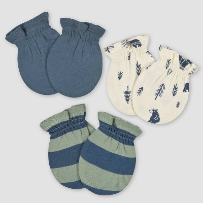Image of Gerber Baby Boys' 3pk Bear Mittens - White/Forest Green/Navy Blue