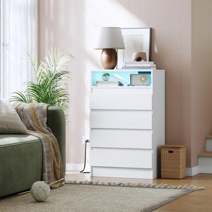 4 Drawer LED Dresser with Charging Station, White, 6-Color Adjustable Light Strip, Wall Anchors, Bedroom/Living Room - 1 of 4