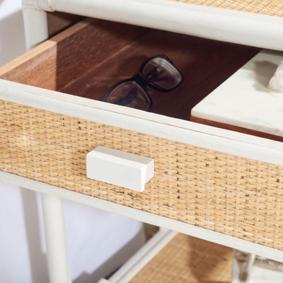 White and Natural Rattan 1-Drawer Nightstand