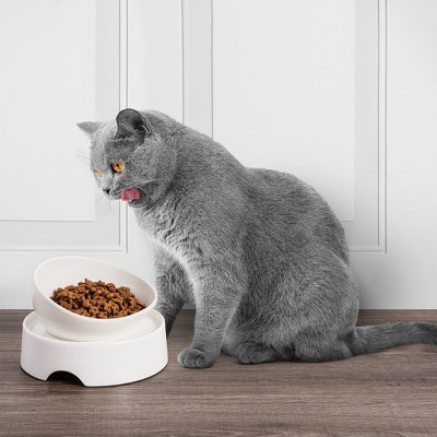 White Ceramic High-Low Cat Food Bowl with Non-Slip Mat