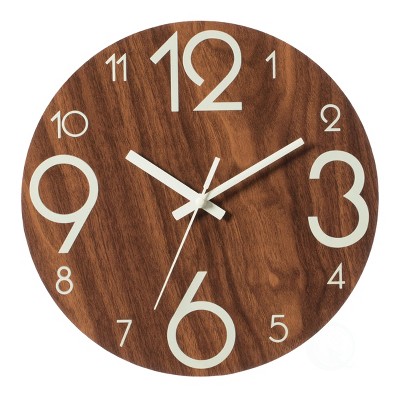 Quickway Imports Glow-In-The Dark Modern Home Decor Wooden Wall Clock For Living Room, Kitchen, Bedroom, Or Dining Room Wooden Brown