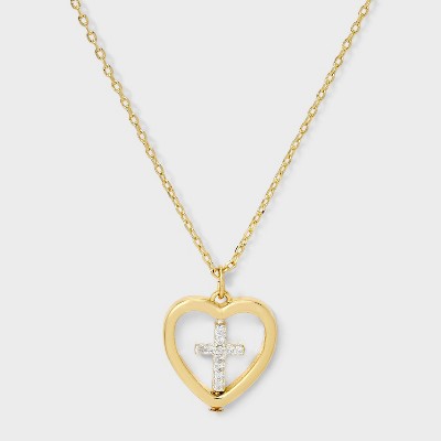 14K Gold Dipped Cubic Zirconia Heart Cross Necklace - Gold