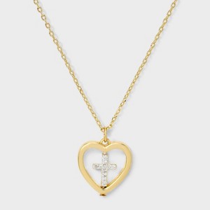 14K Gold Dipped Cubic Zirconia Heart Cross Necklace - Gold - 1 of 4