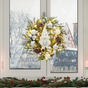 TROPOW 22 Inch Pre-Lit Christmas Wreath - Silver White Gnome Garland with 30 Lights for Front Door (Indoor/Outdoor) - 1 of 4
