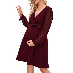 Coolmee Women's Maternity  Dot Long Sleeve Wrap Dress V Neck Fall Casual Boho Midi Dress Baby Shower Photoshoot with Belt - 1 of 4