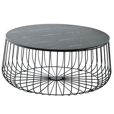 LeisureMod Runswick Round Coffee Table - Modern Wood Top Steel Frame Accent Table for Living Room