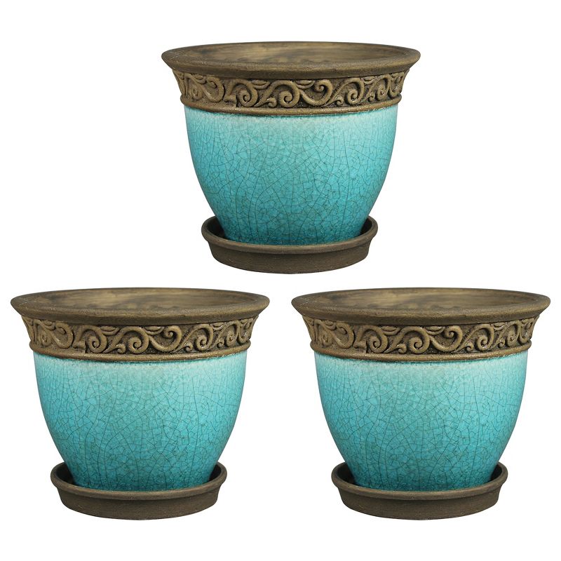 Southern Patio Cadiz 8 Inch Round Crackled Ceramic Indoor or Outdoor Garden Planter Pot with Saucer for Flowers and Plants, Teal (3 Pack), 1 of 7