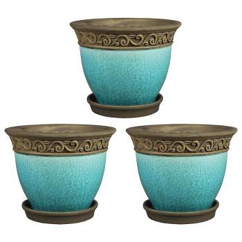 Southern Patio Cadiz 8 Inch Round Crackled Ceramic Indoor or Outdoor Garden Planter Pot with Saucer for Flowers and Plants, Teal (3 Pack)