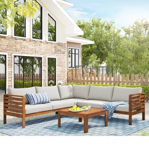 Wooden Outdoor Sofa With Coffee Table And Cushions - ModernLuxe - 1 of 4