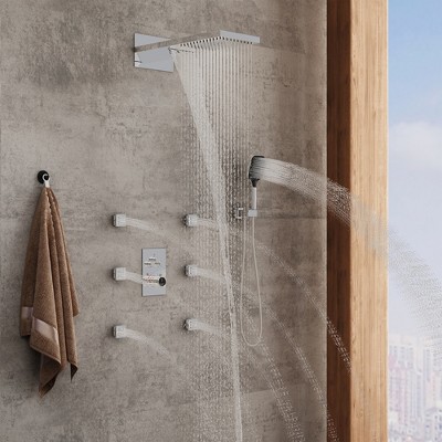Chrome Dual-Function Wall Mounted Rainfall Shower System with Body Jets