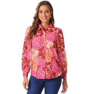 Allegra K Women's Floral Print Button Up Puff Long Sleeve Fashion Casual Blouse - 1 of 4