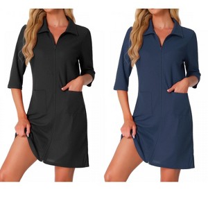INSPIRE CHIC Women's 2 Pcs Zip Waffle Robes 3/4-Sleeve Bathrobe Knee-Length Housecoat Short Sleepwear with Pockets - 1 of 4