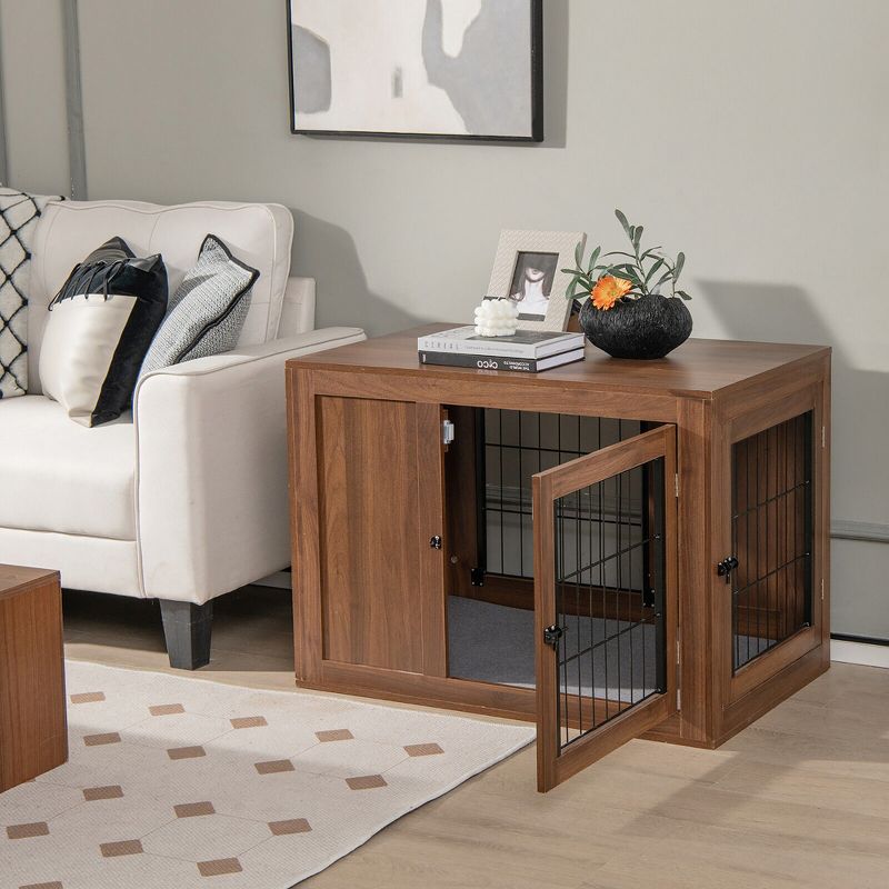 Tangkula Dog Crate Furniture Wooden Pet Kennel Cage End Table w/ Cushion& Double Doors, 3 of 11