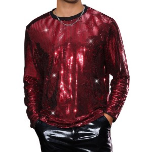Lars Amadeus Men's Round Neck Long Sleeve Disco Party Shining Metallic Sparkly Sequin T-Shirt - 1 of 4