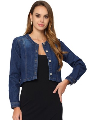 Allegra K Women's Collarless Button Down Crop Jean Denim Jackets