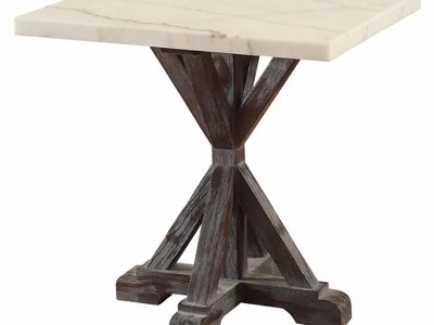 Romina Weathered Espresso Pine Wood & White Marble End Table